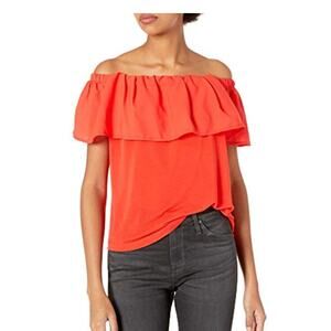 French Connection Off-the-Shoulder Ruffle Top – Red, Sunset Wave, S